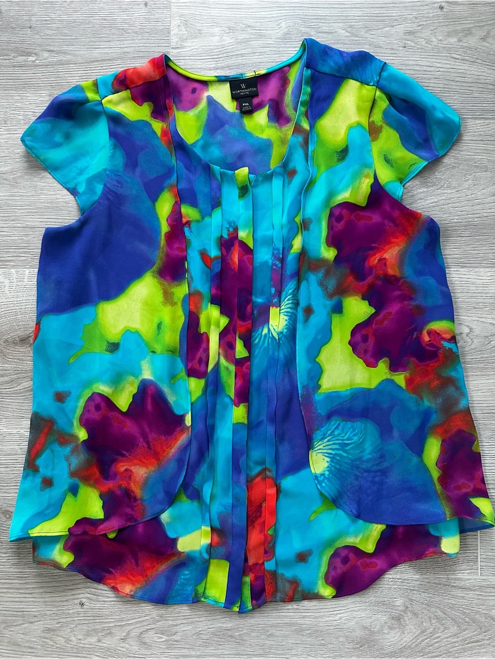 Worthington Watercolor Abstract Pleated Front Blouse Petite XL Blue Green Purple - Picture 2 of 6